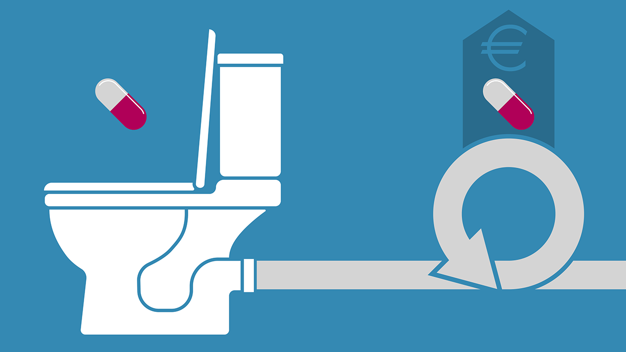 Таблетка над унитазом и таблетка со знаком евро со стрелкой вверх над канализационной трубой