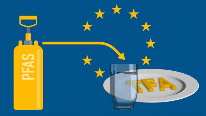 Стрелки от бутылки с пестицидами с напечатанным на ней PFAS через звезды ЕС к стакану для воды и тарелке с буквами TFA на нем.