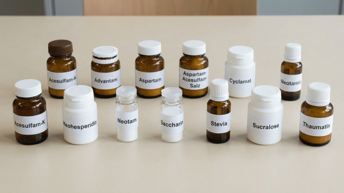 Символическое изображение флаконов с лекарствами, на которых указаны 11 утвержденных наименований подсластителей.