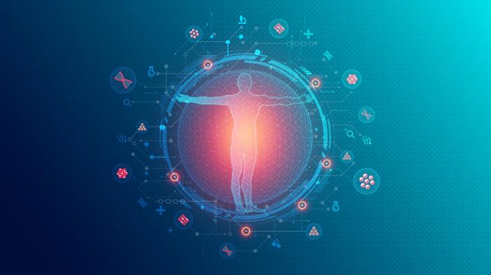 Символическое изображение человека, окруженного клеточными и генетическими структурами.