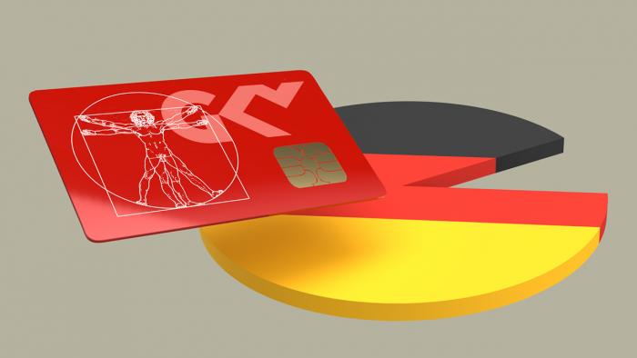 Чип-карта GKV перед круговой диаграммой, 90 процентов в немецких цветах