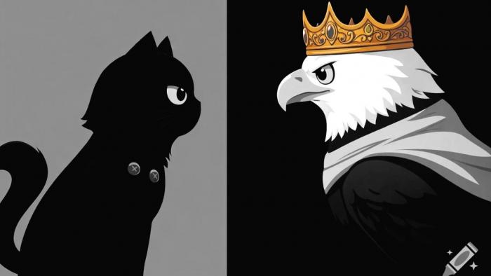 На иллюстрации изображены нарисованный кот и нарисованный морской орел с золотой короной. В противном случае изображение будет черно-белым.