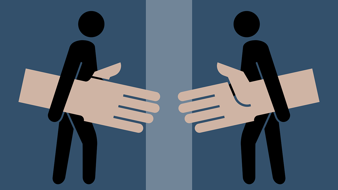 Две фигуры идут навстречу друг другу, держа руки под мышками.