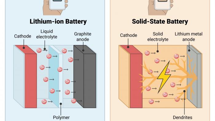 Внутренняя часть литий-ионного аккумулятора по сравнению с твердотельным аккумулятором.