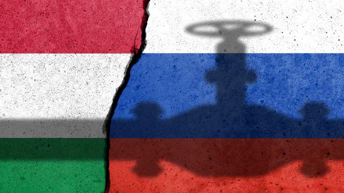 Трещина в стене с флагами Венгрии и России, над ней тень веера.