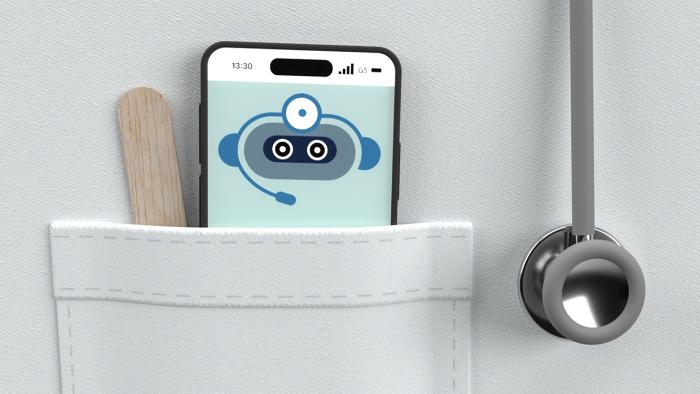 Деталь халата врача с деревянными палочками, стетоскопом и смартфоном с чат-ботом на дисплее